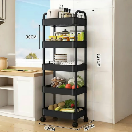Desserte à roulettes noire | Chariot de cuisine roulant 5 niveaux | H 139 x L 41 x P 28,5 cm | Etagère toutes pièces