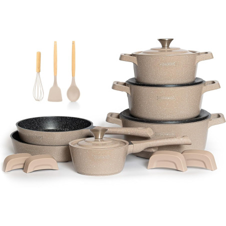 Batterie de cuisson complète effet marbre - 17 pièces - Tous feux - Beige