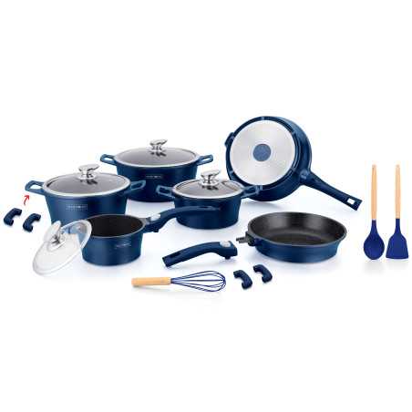 Batterie de cuisson complète poignées amovibles - Revêtement effet marbre - 20 pièces - Tous feux - Bleu nuit