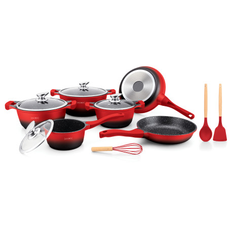 Batterie de cuisson complète effet marbre - 13 pièces - Tous feux - Rouge et noir