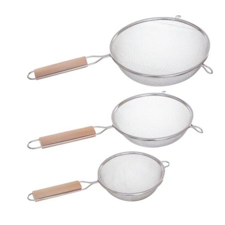 Lot de 3 passoires en inox avec poignée en bois - l 19,5 x L 35,5 x H 8 cm