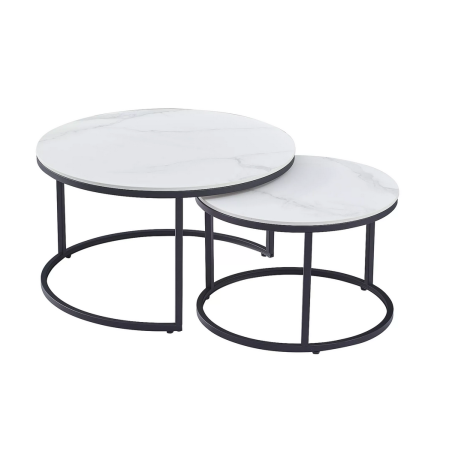Set de 2 tables basse effet marbre "Ferrante C" - Blanc /Noir mat - D 80 x H 42 cm