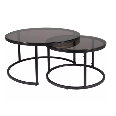 Set de 2 tables basse en verre fumé "Ferrante E" - Transparent/Noir mat - D 80 x H 42 cm