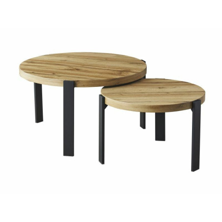 Set de 2 tables basse ronde "Polo" - Beige chêne/Noir - D 80 x H 45 cm