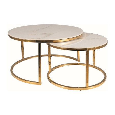 Set de 2 tables basse ronde "Portafino A" - Blanc/Dorée - D 60 x H 45 cm