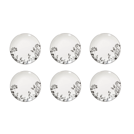 Lot de 6 assiettes à dessert "White Floral" - Blanc/Noir - D 20 cm