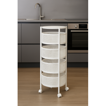Resserre 4 paniers rotatifs sur roues en acier blanc | H 75 cm x D 30 cm | Etagère de rangement cuisine, salle de bain, bureau..