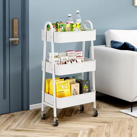 Chariot Métallique Rectangulaire 3 Niveaux à Roulettes  Noir  Rangement Pratique - L 45 x l 32 x H 78 cm