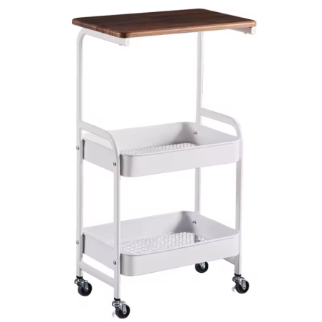 Chariot de Rangement 3 Niveaux Métal Blanc & Bois  77 x 43 x 30 cm  Roulettes Métal Autobloquantes