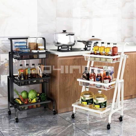Desserte Métallique Orientable Multi-positions - 3 Niveaux à Roulettes  Blanc - L 44 x l 30 x H 94,5 cm