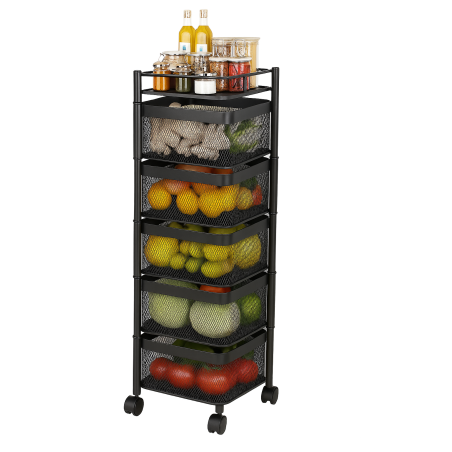 Resserre Métallique Carrée 5 Niveaux à Roulettes  Noir  Rangement Cuisine/Bureau/Salle de Bain  28 x 28 x H 89 cm