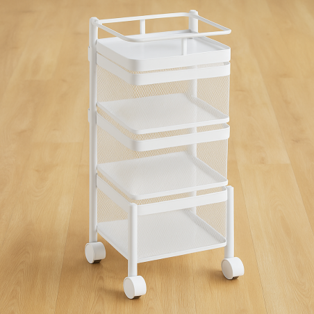 Resserre Métallique Carrée 3 Niveaux à Roulettes  Blanc  Rangement Cuisine/Bureau/Salle de Bain  28 x 28 x H 61 cm