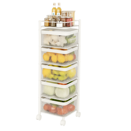 Resserre Métallique Carrée 5 Niveaux à Roulettes  Blanc  Rangement Cuisine/Bureau/Salle de Bain  28 x 28 x H 89 cm