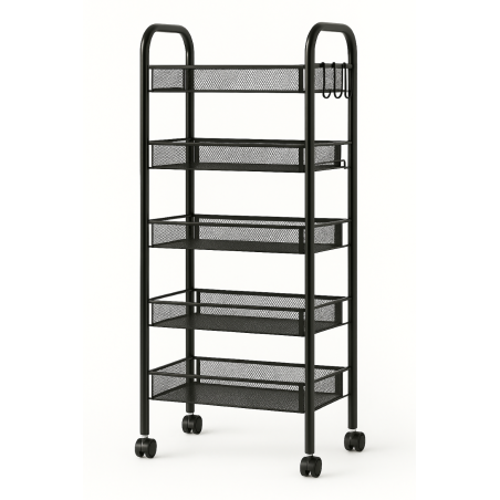 Resserre Métallique Rectangulaire 5 Niveaux à Roulettes - Noir - Desserte de Rangement - L 39 x P 23 x H 96 cm