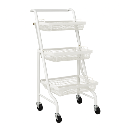 Desserte Métallique Orientable Multi-positions - 3 Niveaux à Roulettes - Blanc - L 44 x P 30 x H 94,5 cm