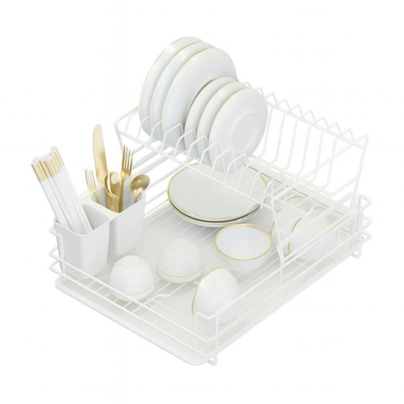 Egouttoir de cuisine modulable double niveau avec plateau - Grande contenance - Métal épais blanc