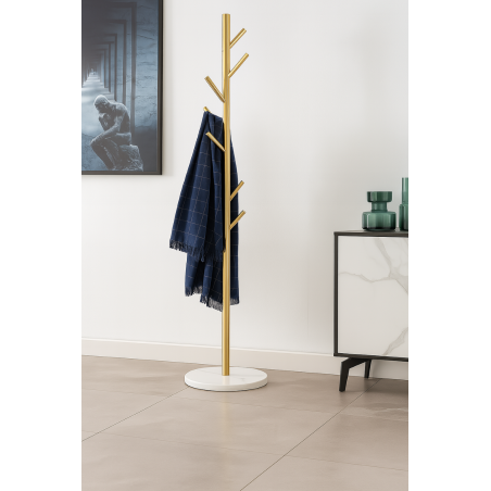 Porte-manteaux Doré base Blanche - 7 crochets - D 38 x H 181 cm - Portemanteaux design