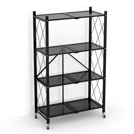 Bibliothèque Métallique Pliable 4 niveaux à Roulettes - Noir  Rangement pratique 71,5 x 30,5 x H 127 cm