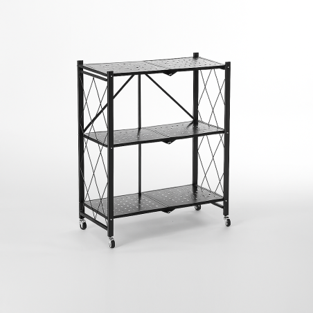 Bibliothèque Métallique Pliable 3 niveaux à Roulettes - Noir - Rangement pratique - L 71,5 x P 30,5 x H 87 cm