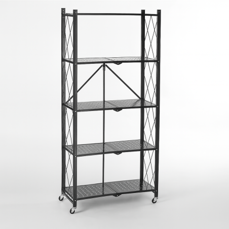 Bibliothèque Métallique Pliable 5 niveaux à Roulettes - Noir  Rangement pratique 71,5 x 30,5 x H 163 cm