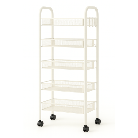 Resserre Métallique Rectangulaire 5 Niveaux à Roulettes - Blanc - Desserte de Rangement - L 39 x P 23 x H 96 cm
