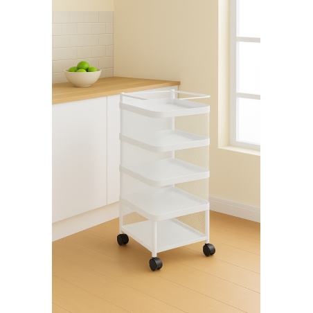Resserre Métallique Carrée 4 Niveaux à Roulettes  Blanc  Rangement Cuisine/Bureau/Salle de Bain  28 x 28 x H 75 cm