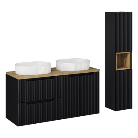 Ensemble Meuble Salle de Bain 120 cm + 2 Vasques à Poser + Colonne couleur Noir et Effet Chêne - Astral