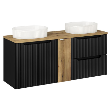 Meuble Double Salle de Bain 140 cm + 2 Vasques à poser + Plateau - 3 portes + 2 tiroirs - Astral Black