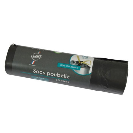 Lot de 10 sacs poubelles avec liens coulissants - Noir - 50 L