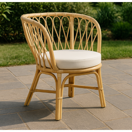 Fauteuil en rotin "Rannes" - Beige - Chaise pour Extérieur ou Intérieur - Coussin blanc cassé - D 65 x l 65 x H 85 cm