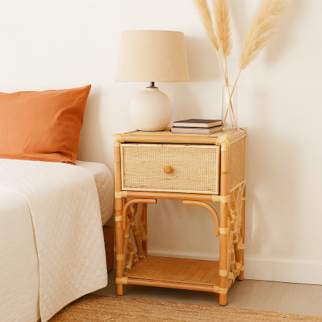 Table de Chevet en Rotin avec 1 porte - Beige - L 45 x l 35 x H 70 cm - Chevet Authentique - Matériaux Naturels