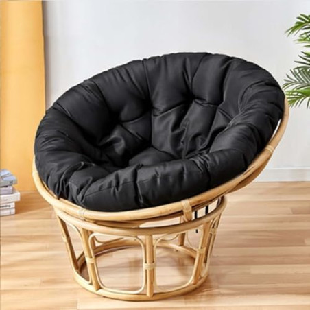 Fauteuil Papasan en rotin - Chaise pour Extérieur ou Intérieur - Coussin noir - D 110 cm x H 90 cm