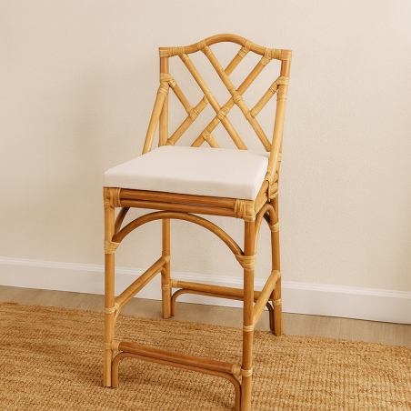 Chaise de Bar en Rotin avec Coussin Blanc "Murcia" - L 45 x P 40 x H 115 cm - Tabouret Haut Extérieur ou Intérieur
