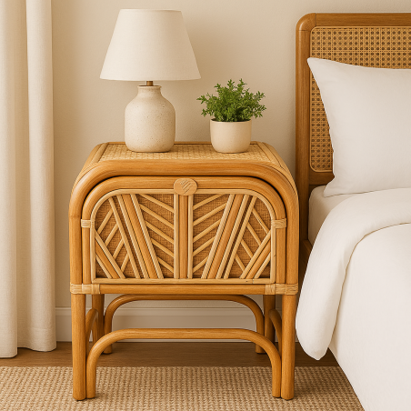 Table de Chevet en Rotin avec 1 porte - Beige - L 46 x l 36 x H 54 cm - Chevet Authentique - Matériaux Naturels