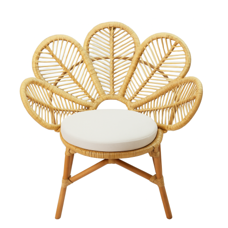 Fauteuil en Rotin Paon avec Coussin Blanc - Chaise pour Extérieur ou Intérieur - D 70 x P 85 x H 90 cm