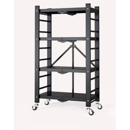 Etagère Métallique Pliable Haute Solidité 4 niveaux Noir 71 x 34 x H 125 cm - 4 Roulettes Renforcées