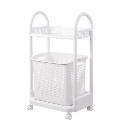 Etagère Roulante 2 niveaux Panier à Linge Intégré Amovible - 4 Roulettes à freins - Plastique Blanc - Compatible toutes pièces