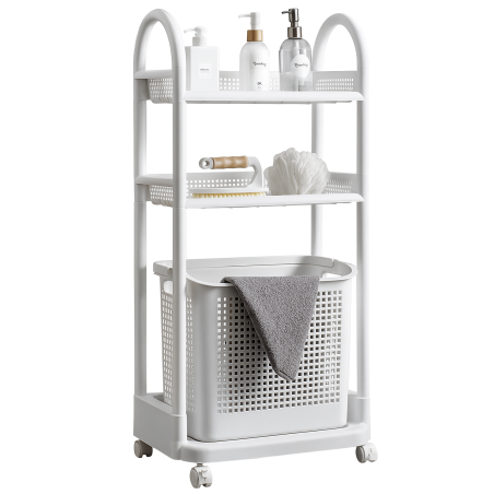 Etagère Roulante 3 niveaux Panier à Linge Intégré Amovible - 4 Roulettes à freins - Plastique Blanc - Compatible toutes pièces