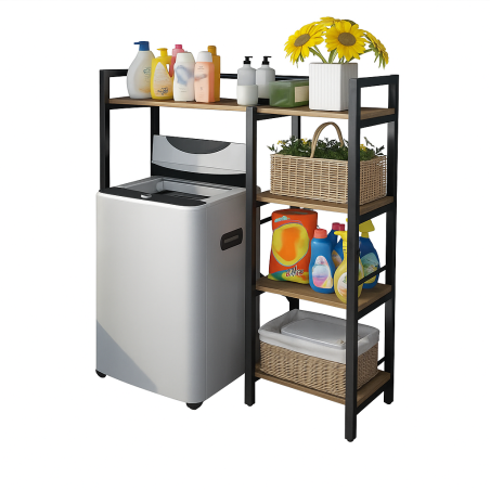 Etagère Métallique Dessus de Machine à Laver - Meuble Universel Buanderie en Métal Noir et Bois - H 134 x L 110 x P 34 cm