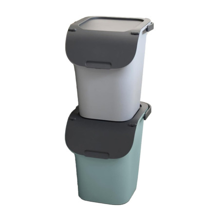 Lot de 2 Poubelles de Tri 40L empilable avec poignée - Gris et Vert d\'eau - Plastique Recyclé - Origine France