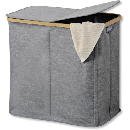 Double Panier à Linge Rectangulaire 90L - 2 compartiments - Tissu Polyester Gris