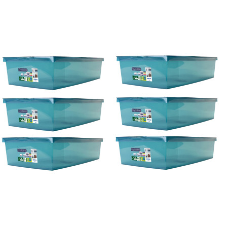 Lot de 6 Boîtes de rangement 33L avec couvercle - Origine France - Bleu canard