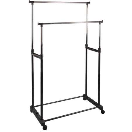 Portant vêtements double - H 100-170 cm x L 80 cm - Réglable sur roulettes métal noir
