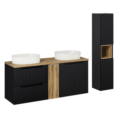 Ensemble Meuble Salle de Bain 140 cm + 2 Vasques à poser + Plateau + Colonne - 3 portes + 2 tiroirs - Astral Black