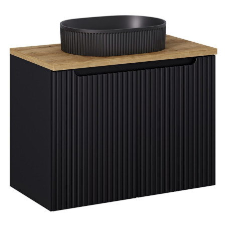 Ensemble Meuble Salle de Bain 2 portes + Vasque + Plateau L 80 x P 40 x H 59,5 cm - Astral - Noir et effet chêne