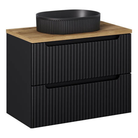 Ensemble Meuble Salle de Bain 2 tiroirs + Vasque + Plateau L 80 x P 40 x H 59,5 cm - Astral - Noir et effet chêne