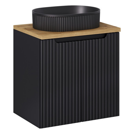 Ensemble Meuble Salle de Bain 2 portes + Vasque + Plateau L 60 x P 40 x H 59,5 cm - Astral - Noir et effet chêne