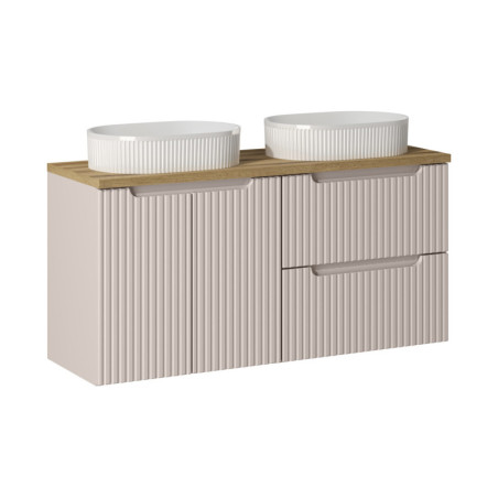 Meuble double vasques à poser + plateau effet chêne 120 cm - A portes + tiroirs - Astral Beige