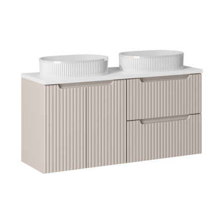 Meuble double vasques à poser + plateau blanc 120 cm - A portes + tiroirs - Astral Beige