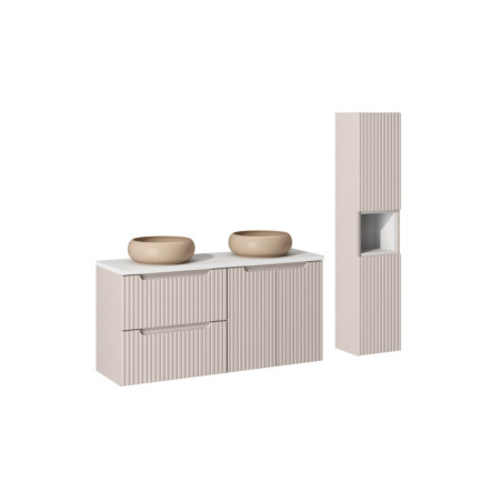 Ensemble Salle de bain Meuble double vasques + plateau blanc 120 cm + Colonne - A portes + tiroirs - Astral Beige